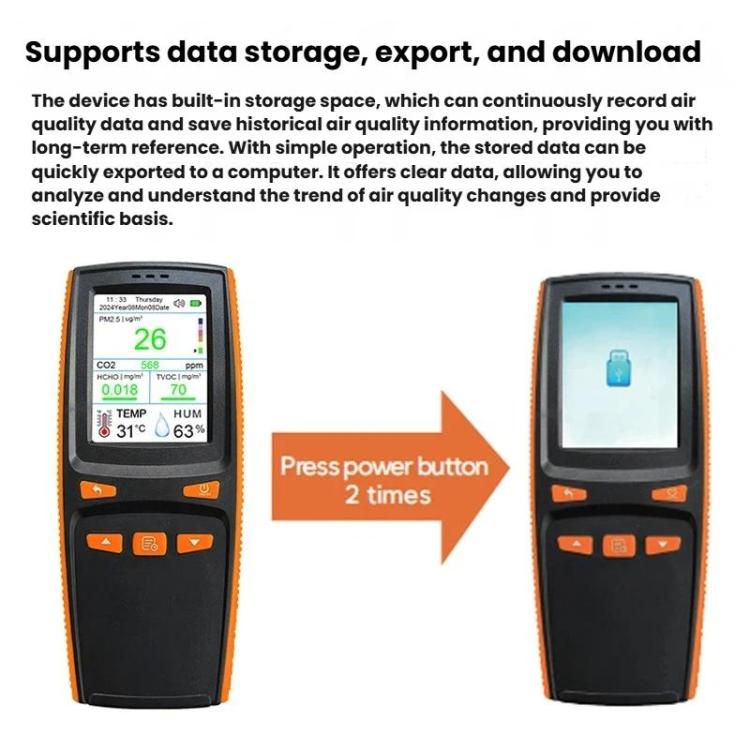 Handheld 10-In-1 Air Quality Monitor With Data Export To PC Detector For CO2, PM2.5, PM10, HCHO, TVOC, AQI, Temperature & Humidity