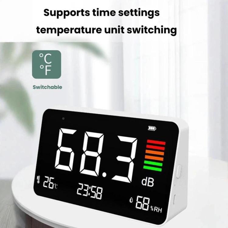 Digital 4-in-1 Noise Meter with Temperature & Humidity Sensor, Time Display Rechargeable Battery, Adjustable Backlight - DM219N