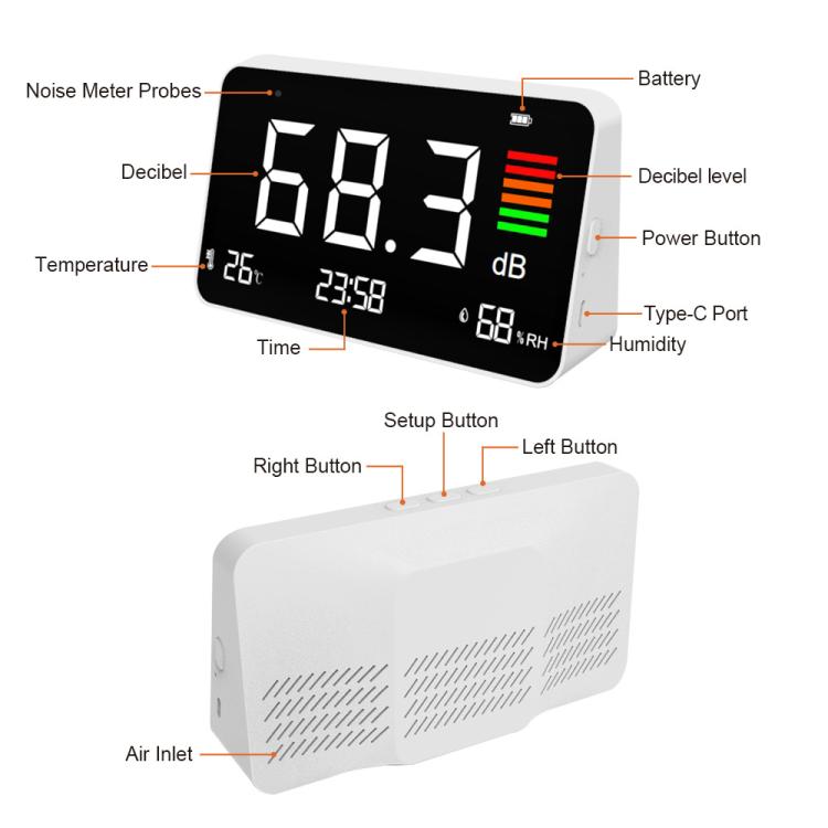 Digital 4-in-1 Noise Meter with Temperature & Humidity Sensor, Time Display Rechargeable Battery, Adjustable Backlight - DM219N