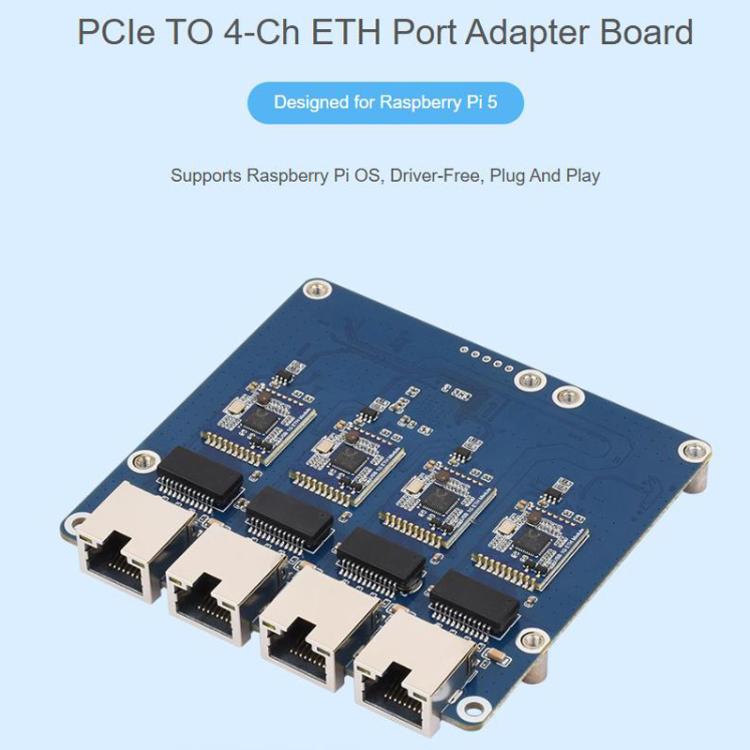 Waveshare PCIe To 4-Ch ETH Port Adapter Board Supports Raspberry Pi OS, Driver-Free, Plug And Play, Version: Gigabit ETH