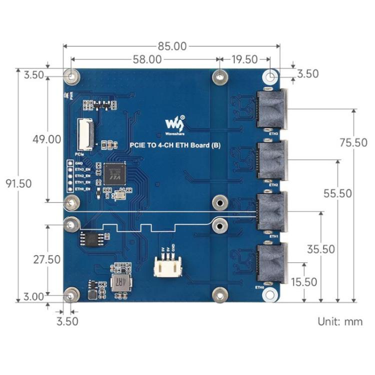 Waveshare PCIe To 4-Ch ETH Port Adapter Board Supports Raspberry Pi OS, Driver-Free, Plug And Play, Version: Gigabit ETH