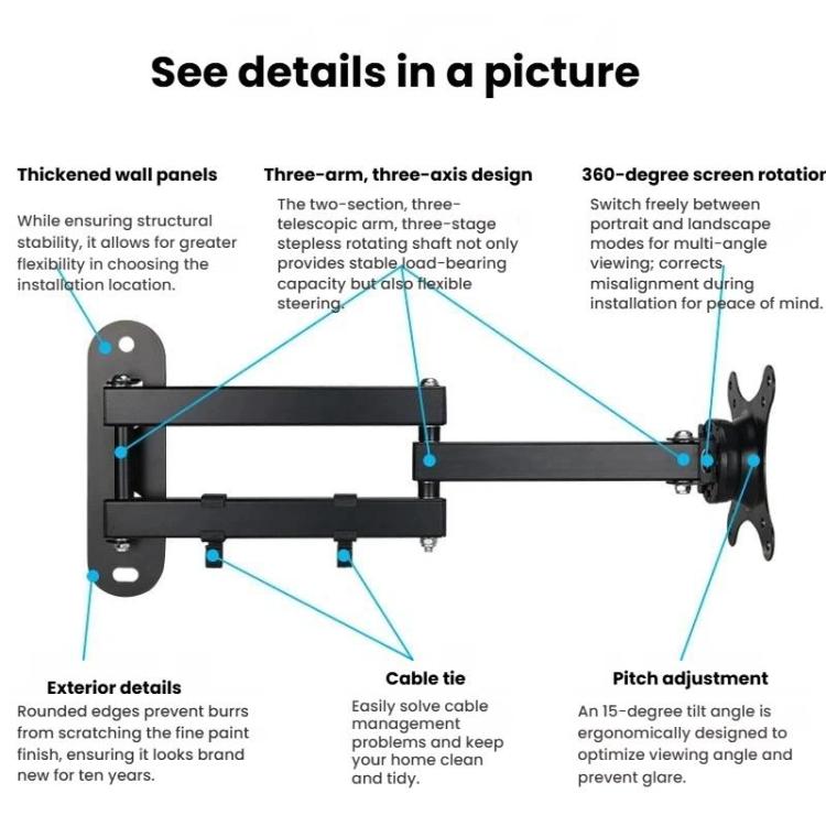 Telescopic Rotating Monitor Mount Wall Bracket for 10-24 Inch TV LCD Screens - 116B