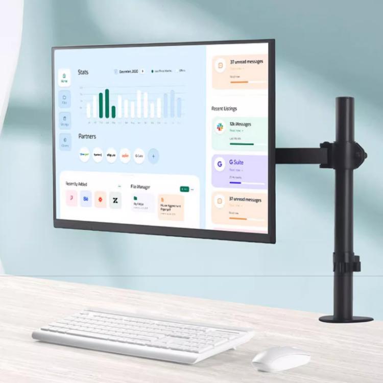 Desk Clamp Monitor Stand with Telescopic Arm, 40cm Height-Adjustable Pole Mount for Computer Screens - Black