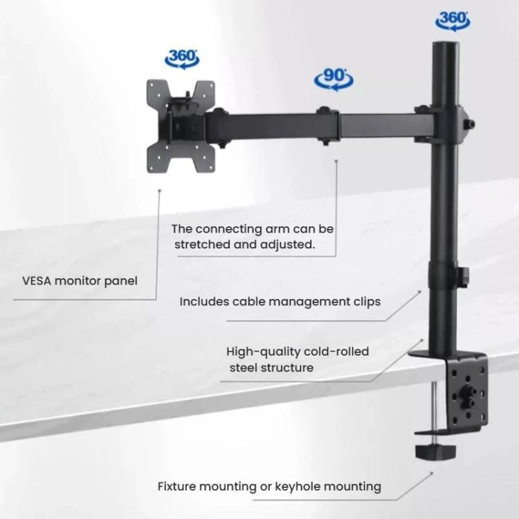 Desk Clamp Monitor Stand with Telescopic Arm, 40cm Height-Adjustable Pole Mount for Computer Screens - Black