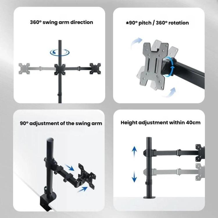 Desk Clamp Monitor Stand with Telescopic Arm, 40cm Height-Adjustable Pole Mount for Computer Screens - Black