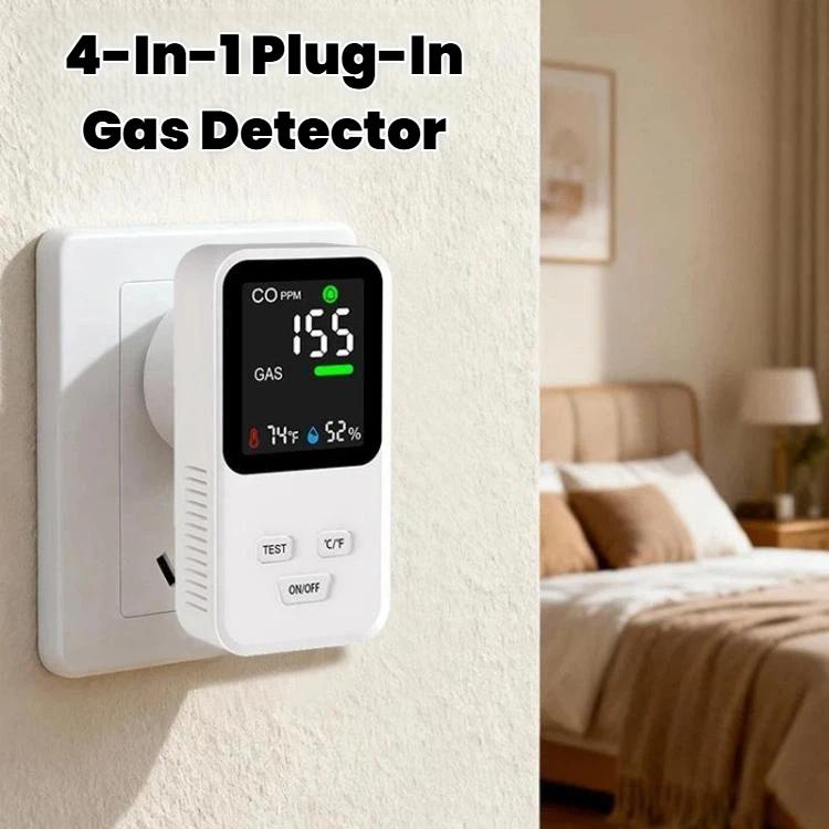 4-In-1 Plug-In Gas Detector Carbon Monoxide Combustible Gas Temperature Humidity Monitor With High Sensitivity & Alarm, US Plug