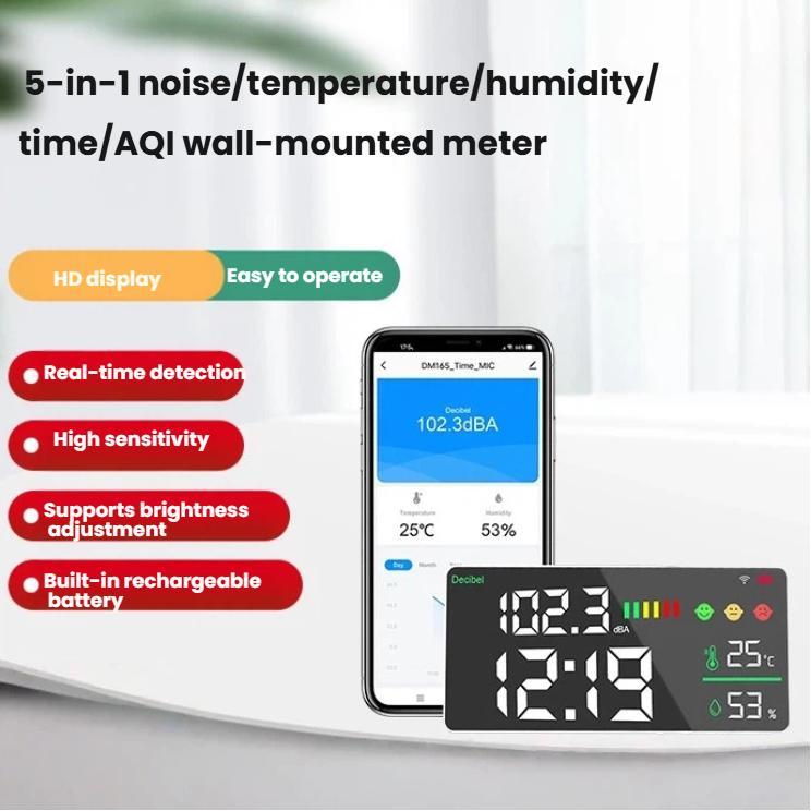 Tuya Smart 5-in-1 Wall-Mounted Noise Decibel Meter With Temperature, Humidity and Time Display, Spec: BASIC-C