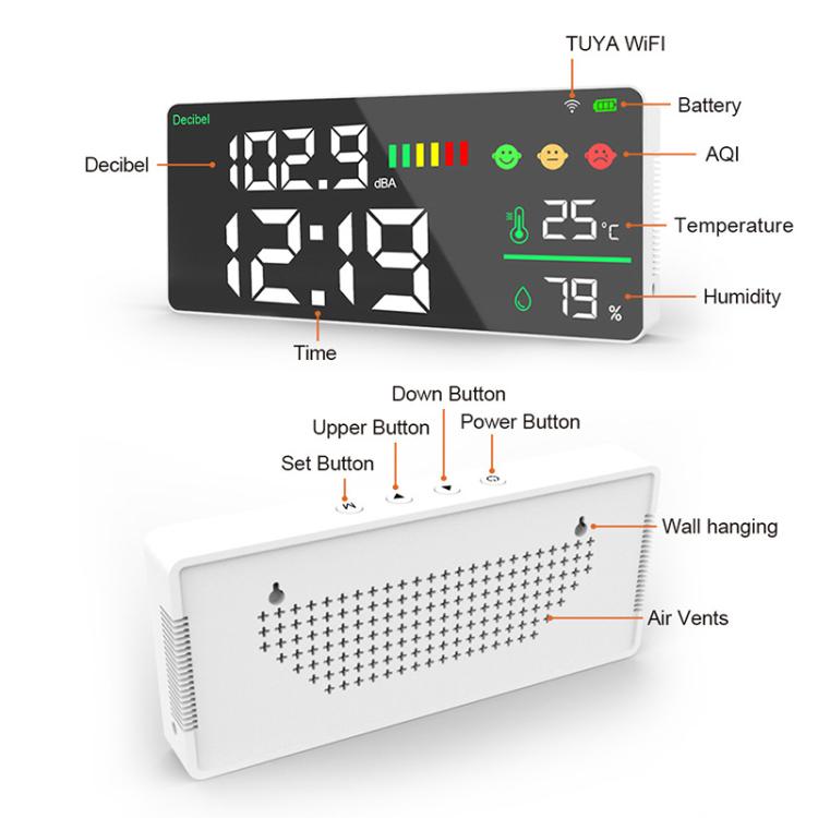 Tuya Smart 5-in-1 Wall-Mounted Noise Decibel Meter With Temperature, Humidity and Time Display, Spec: BASIC-C