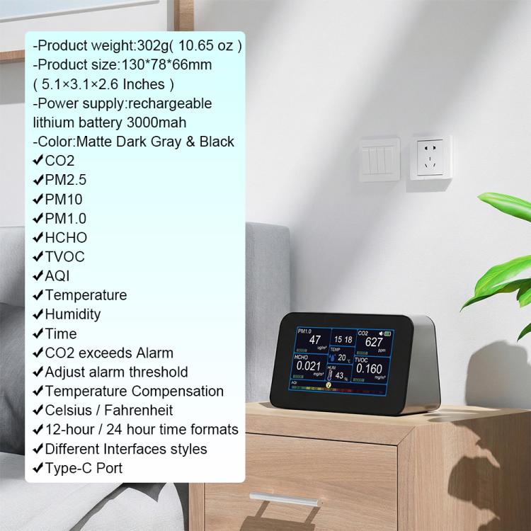 9-In-1 Air Quality Monitor For HCHO/PM2.5/CO2/TVOC, Temperature & Humidity, AQI, Adjustable Alarm, Type-C Charging