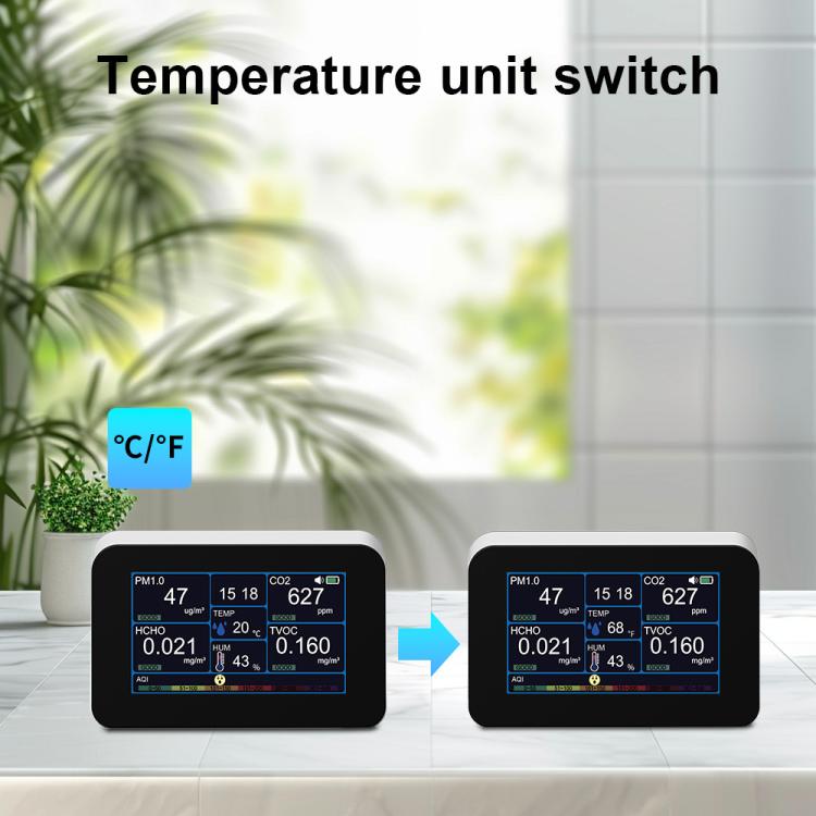 9-In-1 Air Quality Monitor For HCHO/PM2.5/CO2/TVOC, Temperature & Humidity, AQI, Adjustable Alarm, Type-C Charging