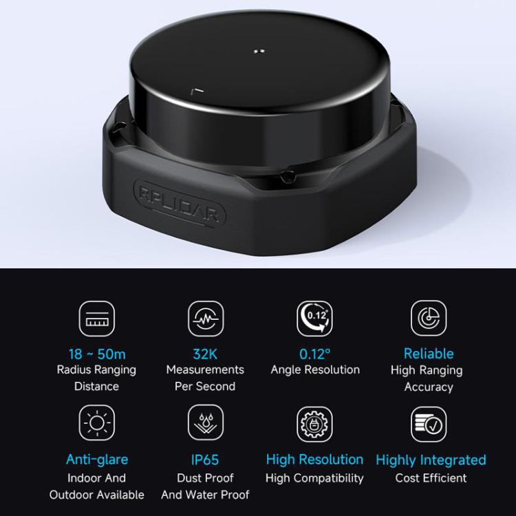 WAVESHARE RPLIDAR High-Performance Compact-size DTOF Lidar, Support UART Port / Ethernet Port Communication Modes, Spec: S2P