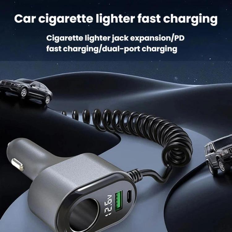 GE09 120W Car Cigarette Lighter With Voltage Display Car Phone Charger With Spring Cable