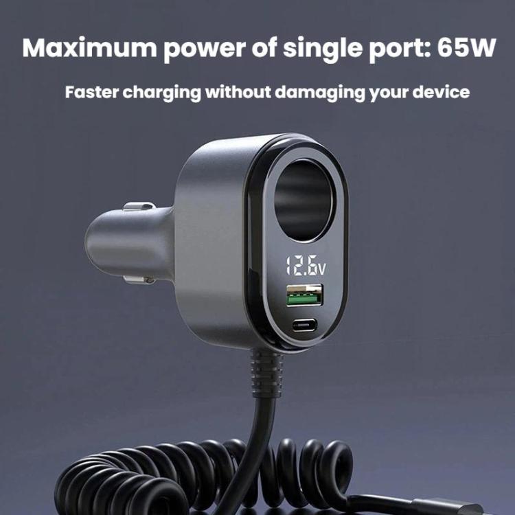 GE09 120W Car Cigarette Lighter With Voltage Display Car Phone Charger With Spring Cable
