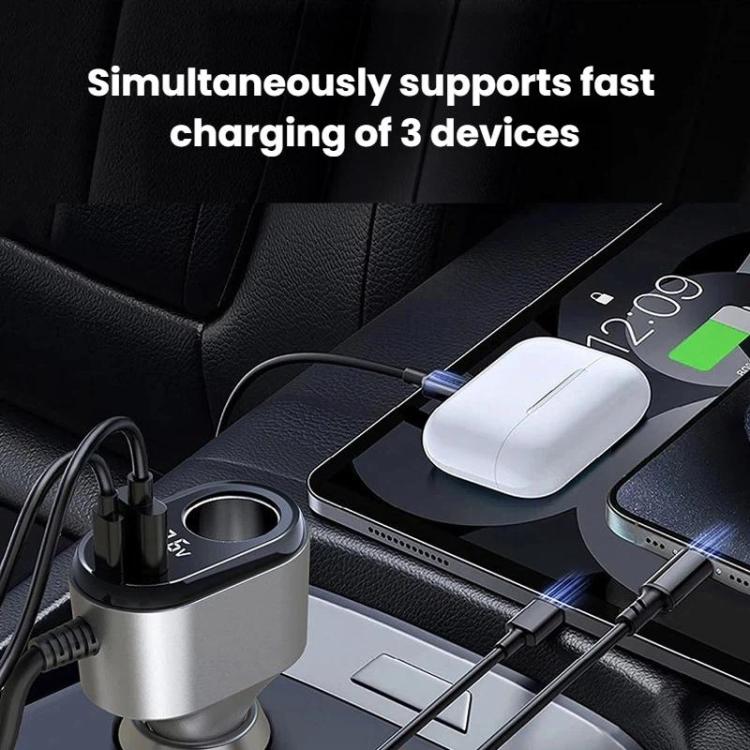 GE09 120W Car Cigarette Lighter With Voltage Display Car Phone Charger With Spring Cable