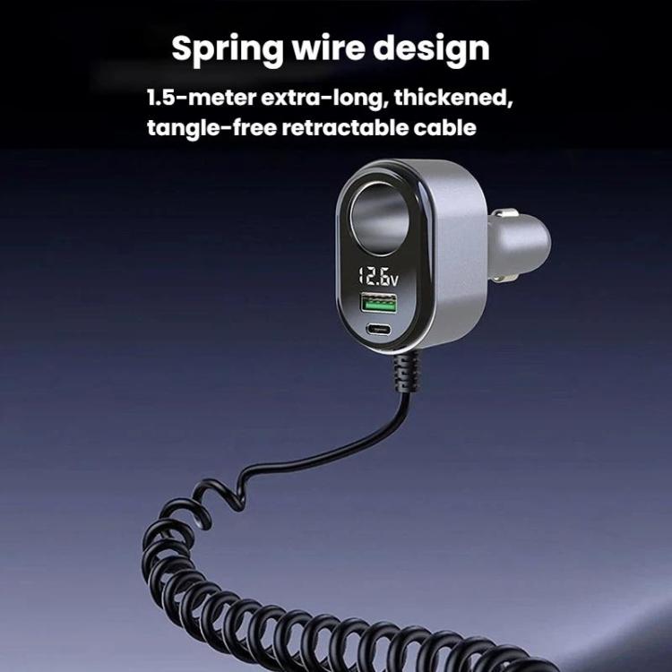 GE09 120W Car Cigarette Lighter With Voltage Display Car Phone Charger With Spring Cable