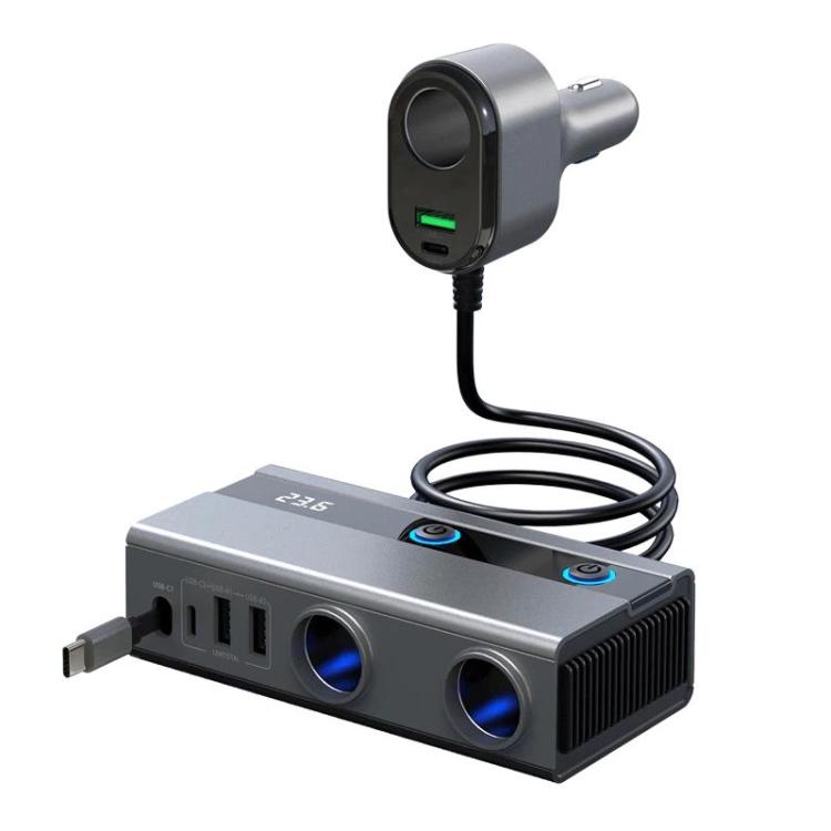 GE08 1 To 9 Car Cigarette Lighter With Independent Switches Voltage Display & Retractable Cable Car Charger