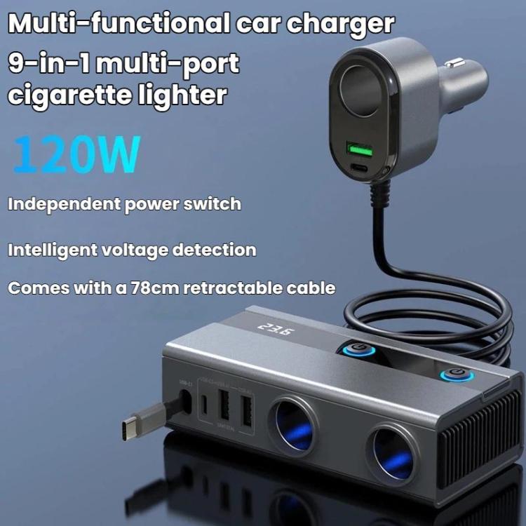 GE08 1 To 9 Car Cigarette Lighter With Independent Switches Voltage Display & Retractable Cable Car Charger