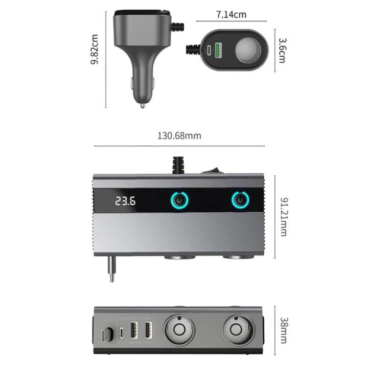 GE08 1 To 9 Car Cigarette Lighter With Independent Switches Voltage Display & Retractable Cable Car Charger