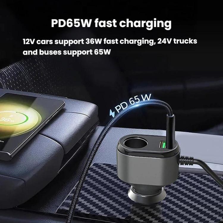 GE08 1 To 9 Car Cigarette Lighter With Independent Switches Voltage Display & Retractable Cable Car Charger