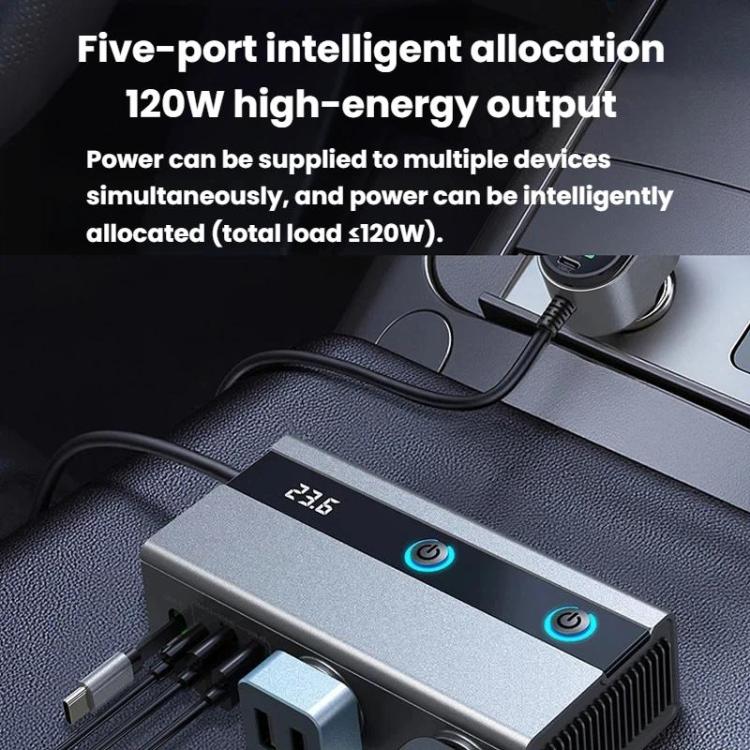 GE08 1 To 9 Car Cigarette Lighter With Independent Switches Voltage Display & Retractable Cable Car Charger