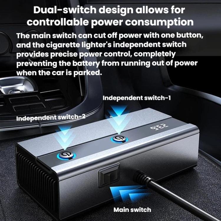 GE08 1 To 9 Car Cigarette Lighter With Independent Switches Voltage Display & Retractable Cable Car Charger