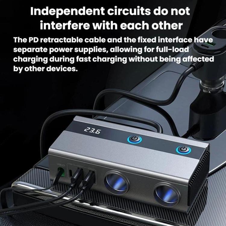 GE08 1 To 9 Car Cigarette Lighter With Independent Switches Voltage Display & Retractable Cable Car Charger