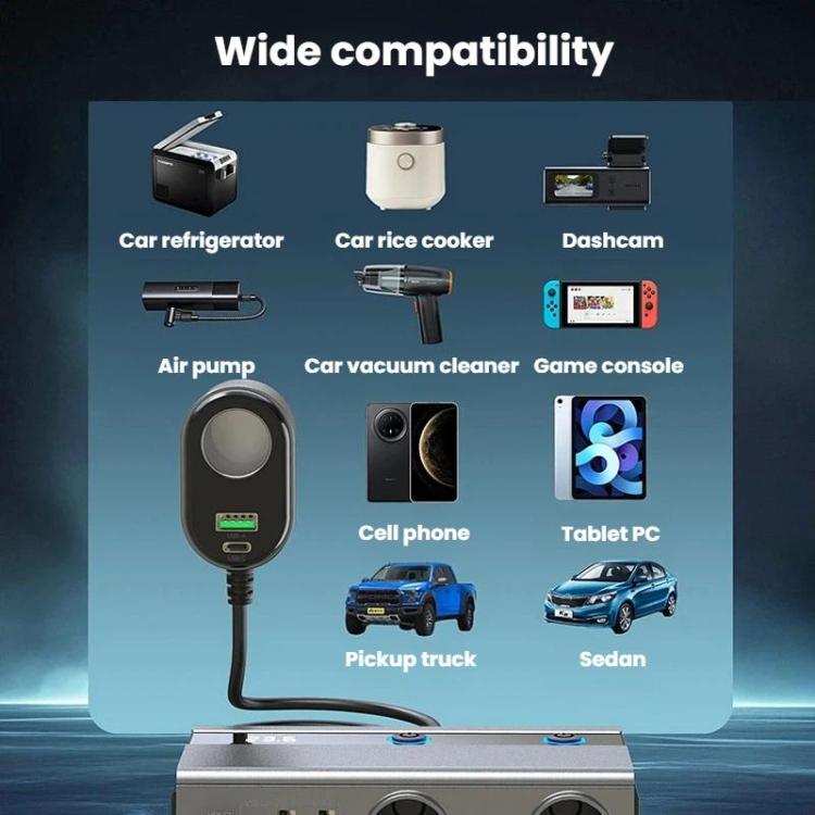 GE08 1 To 9 Car Cigarette Lighter With Independent Switches Voltage Display & Retractable Cable Car Charger