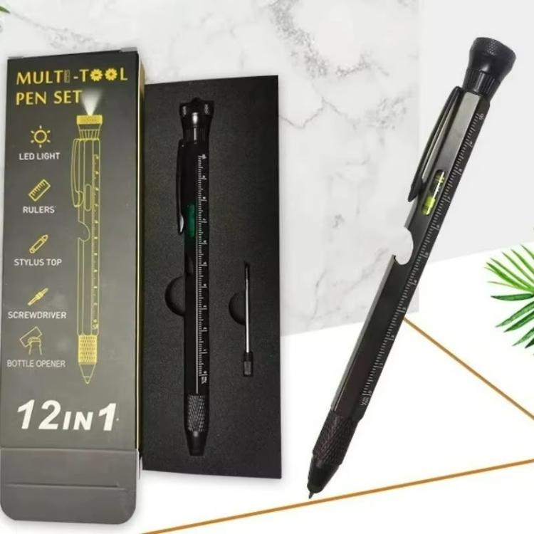 12-In-1 Multifunctional EDC Tool Pen With LED Light, Ruler Scale, Stylus, Bottle Opener & Magnetic Tip For Fidget Relief - Black