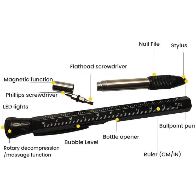 12-In-1 Multifunctional EDC Tool Pen With LED Light, Ruler Scale, Stylus, Bottle Opener & Magnetic Tip For Fidget Relief - Black