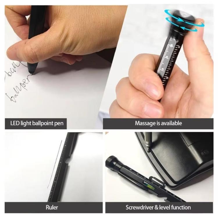 12-In-1 Multifunctional EDC Tool Pen With LED Light, Ruler Scale, Stylus, Bottle Opener & Magnetic Tip For Fidget Relief - Black