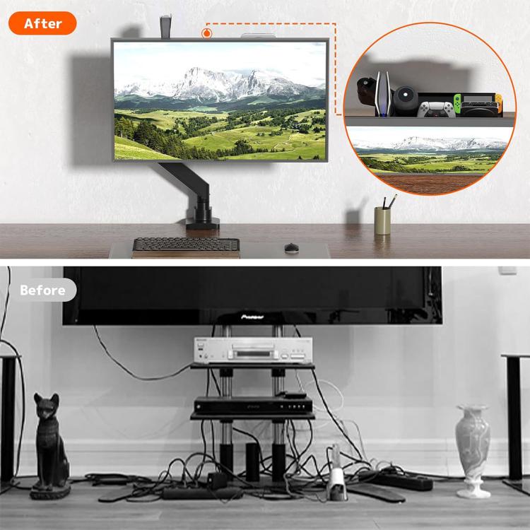 Behind The Monitor Organizer Shelf VESA Mount Tray Hidden Storage for Mini PC, Headphones & Speakers - Black