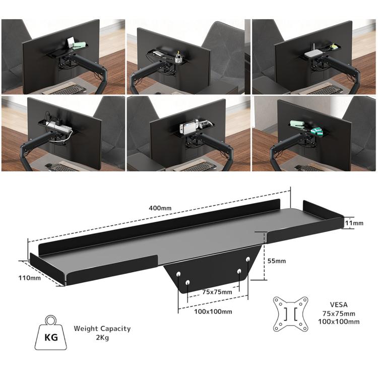 Behind The Monitor Organizer Shelf VESA Mount Tray Hidden Storage for Mini PC, Headphones & Speakers - Black