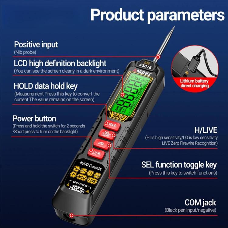 ANENG Digital Intelligent Car Repair Pen Multimeter, Model: A3016 Lithium Battery