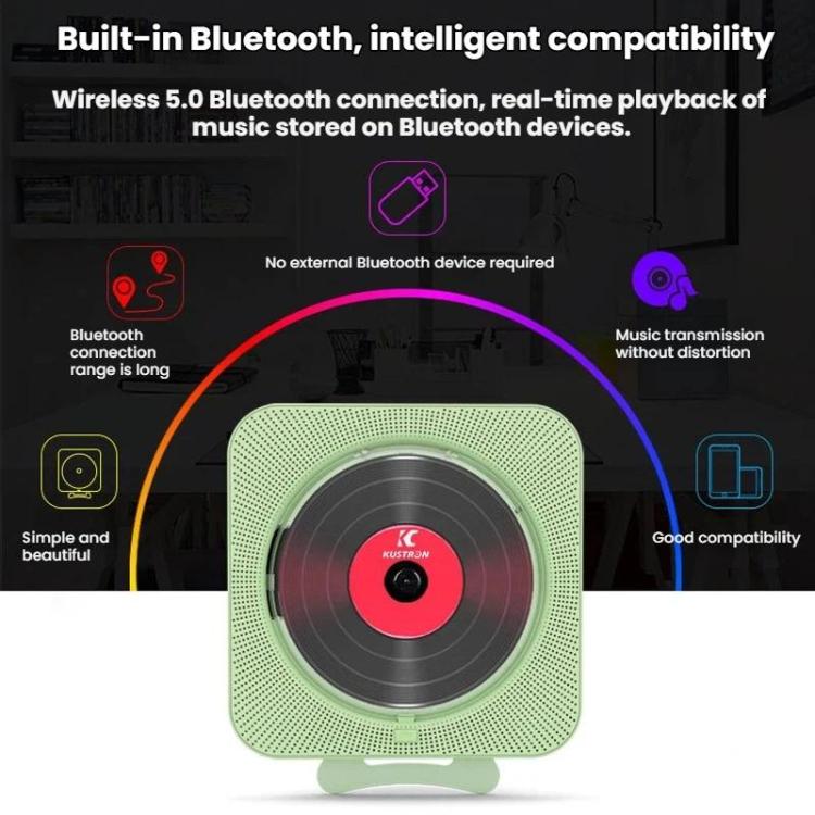 KUSTRON Home Wall-Mounted Rechargeable CD Player Bluetooth Speaker Music Player With Cover, Size: EU Plug