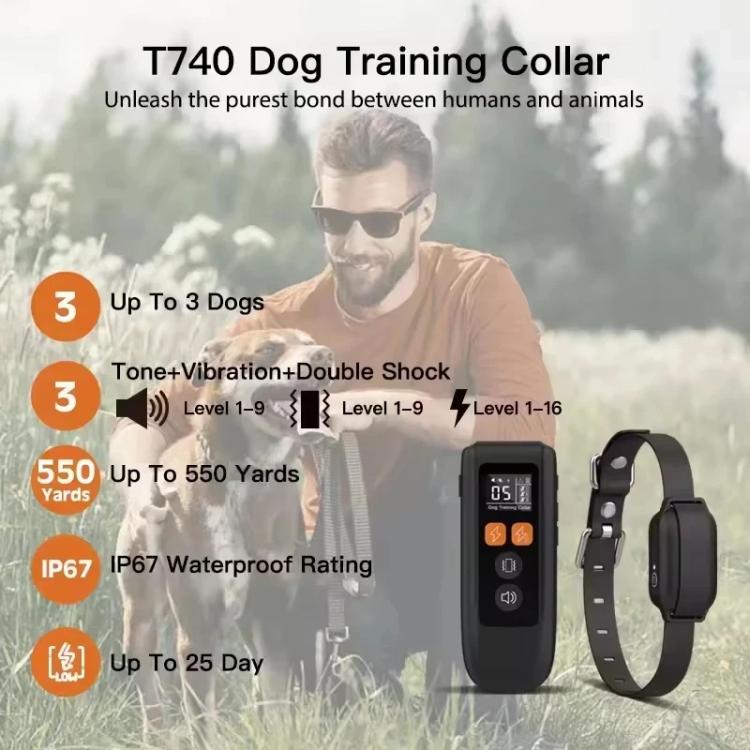 T740 Rechargeable Remote Dog Training Collar IP67 Waterproof  Pet Trainer - Black