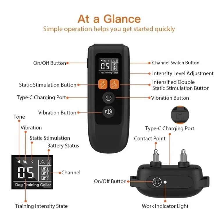 T740 Rechargeable Remote Dog Training Collar IP67 Waterproof  Pet Trainer - Black