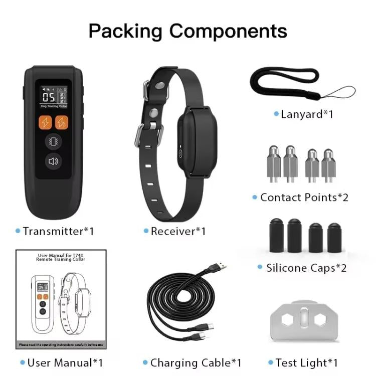 T740 Rechargeable Remote Dog Training Collar IP67 Waterproof  Pet Trainer - Black
