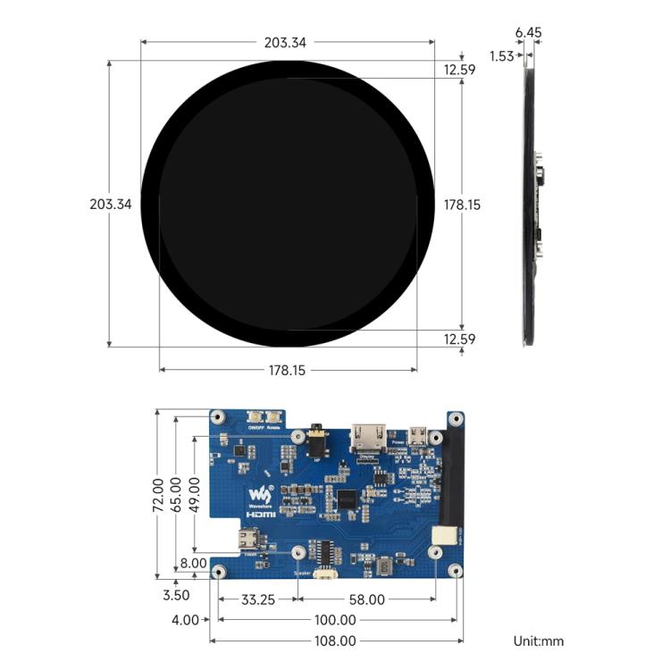 Waveshare 7inch Round HDMI Capacitive Touch Display, 1080x1080 LCD, 10-Point Multi-Touch  For Raspberry Pi Arduino DIY