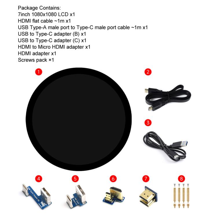 Waveshare 7inch Round HDMI Capacitive Touch Display, 1080x1080 LCD, 10-Point Multi-Touch  For Raspberry Pi Arduino DIY