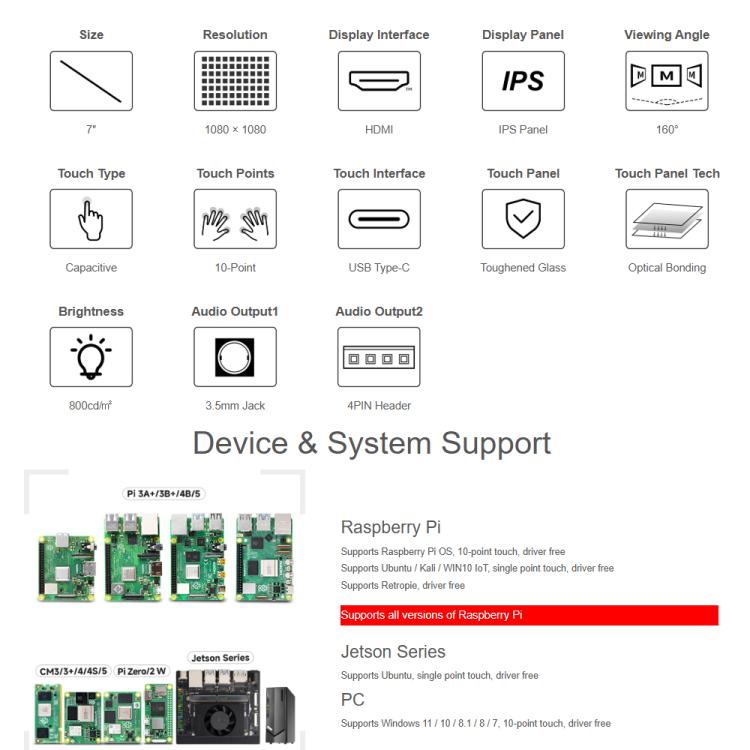 Waveshare 7inch Round HDMI Capacitive Touch Display, 1080x1080 LCD, 10-Point Multi-Touch  For Raspberry Pi Arduino DIY