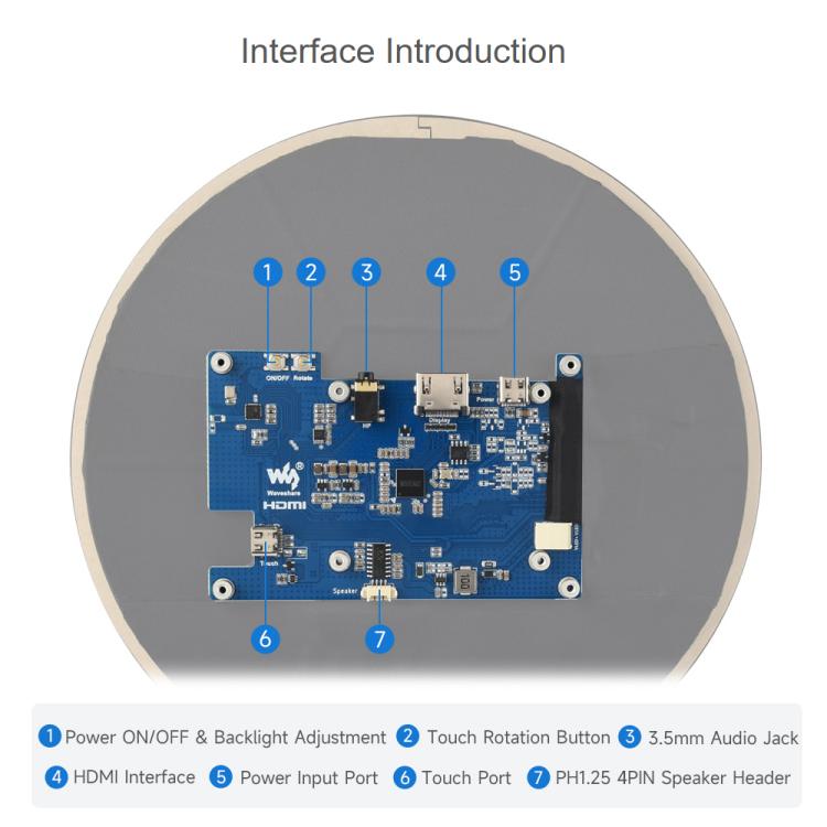 Waveshare 7inch Round HDMI Capacitive Touch Display, 1080x1080 LCD, 10-Point Multi-Touch  For Raspberry Pi Arduino DIY