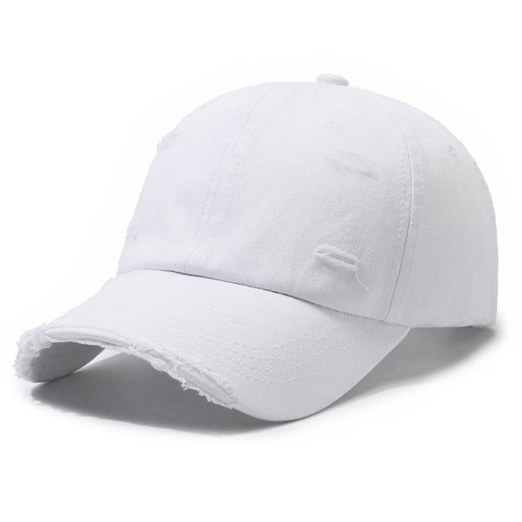 Ripped Baseball Cap Solid Color Distressed Casual Sun Hat, Color: White