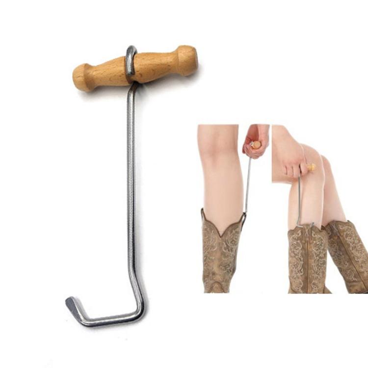 36cm Wood-Handled Cowboy Boot Hook Stainless Steel Boot Horn