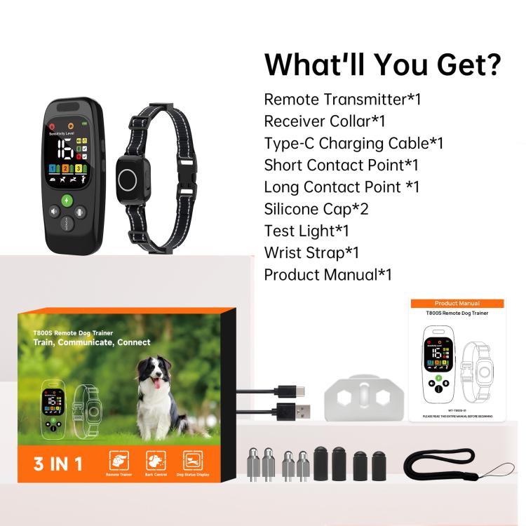 T800S 3-In-1 Remote Dog Trainer Bark Collar With Two-Way Communication Displays Dog Status & Activity Monitor - Black