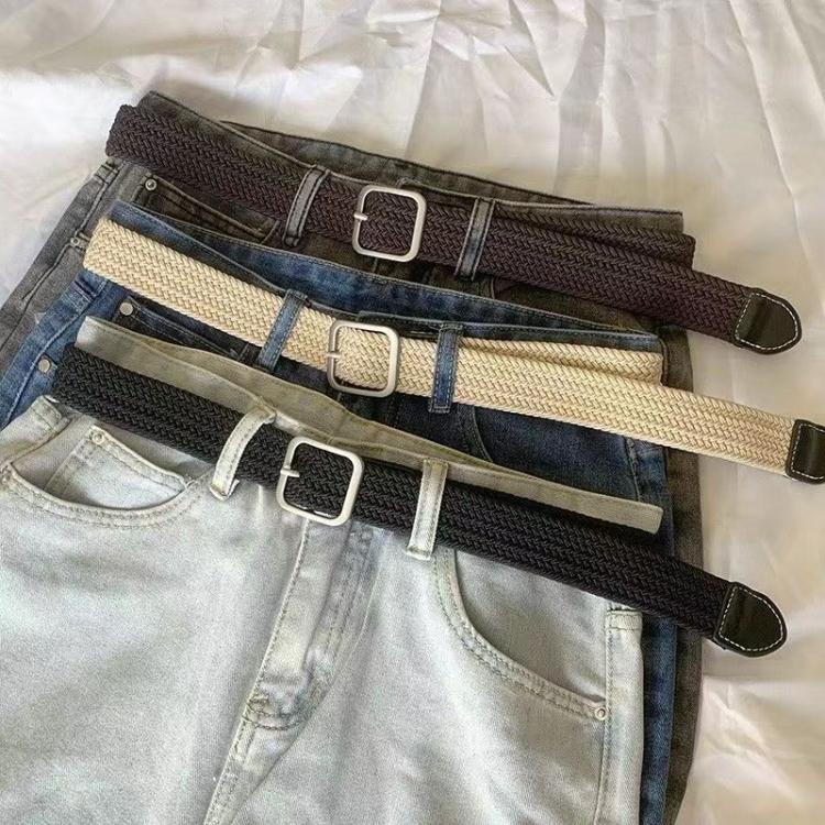 Woven Canvas No Perforation Square Buckle Belt, Length: 105cm