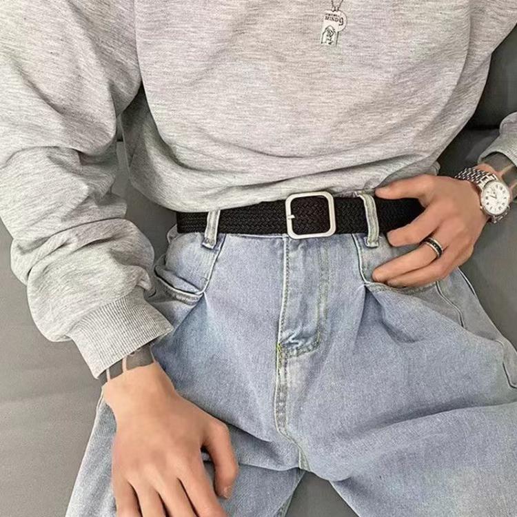 Woven Canvas No Perforation Square Buckle Belt, Length: 105cm