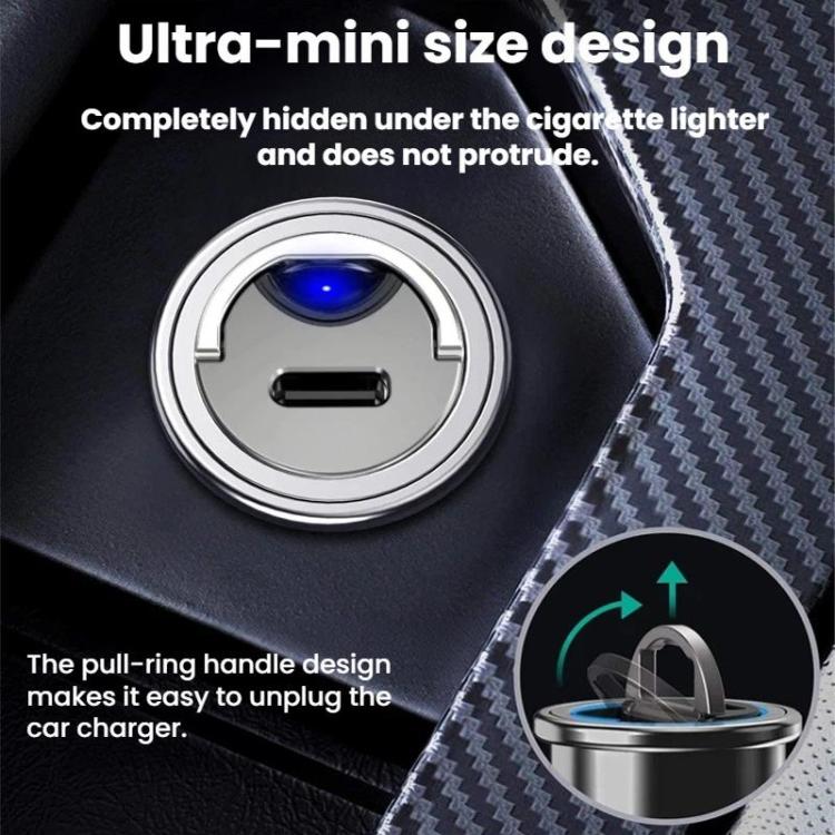 Mini Car Charger With Single Type-C Pull Ring For Cars Motorcycles - C13-A13-PD30W Black