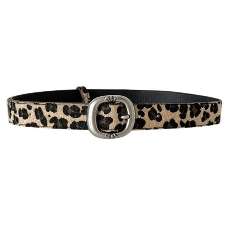 Leopard Print Mohair Leather Belt with Metal Buckle - 105cm