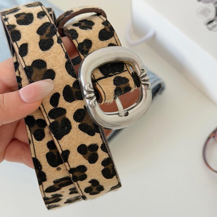 Leopard Print Mohair Leather Belt with Metal Buckle - 105cm