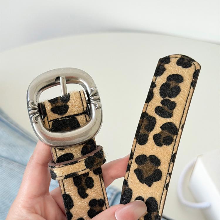 Leopard Print Mohair Leather Belt with Metal Buckle - 105cm